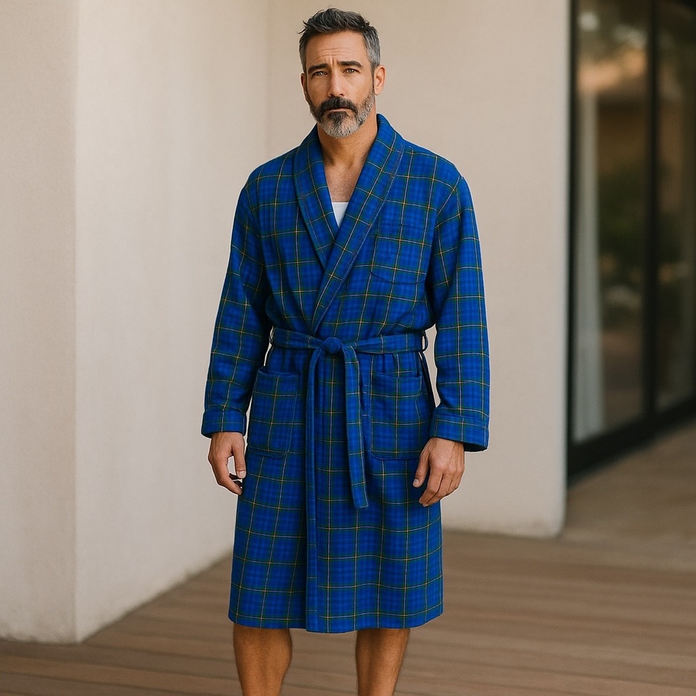 NWT Ralph Lauren Blue and Green Tartan Microfiber Plush Men’s Robe L/XL